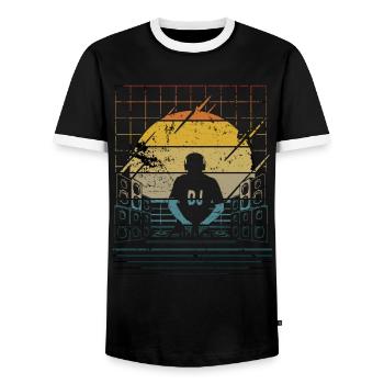 Disc Jockey DJ Rave Synthesizer Gift CD Mixer - Men's Ringer Shirt - black/white - Front - AI Model Female 172 light (172cm) & AI Model Male 178 light (178cm)