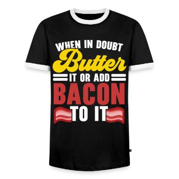 Im Zweifelsfall Butter oder Speck auf das Fleisch - Männer Kontrast-T-Shirt - Schwarz/Weiß - Vorne - AI Model Female 172 light (172cm) & AI Model Male 178 light (178cm)
