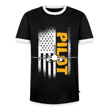 Pilot USA Flag Airplane Aviation Helicopter - Men's Ringer Shirt - black/white - Front - AI Model Female 172 light (172cm) & AI Model Male 178 light (178cm)