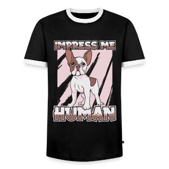 French Bulldog Frenchie Französische Bulldogge - Men's Ringer Shirt - black/white - Front - AI Model Female 172 light (172cm) & AI Model Male 178 light (178cm)