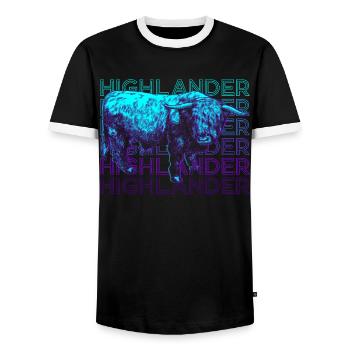 Highlander Scottish Highland Cow Retro - Men's Ringer Shirt - black/white - Front - AI Model Female 172 light (172cm) & AI Model Male 178 light (178cm)