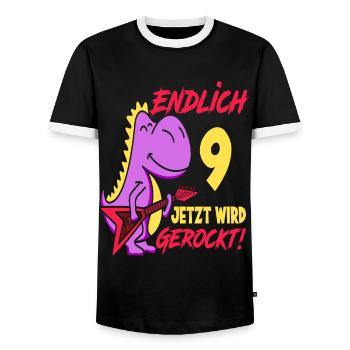 Dinosaurier 9. Geburtstag Gitarre Mädchen Geschenk - Männer Kontrast-T-Shirt - Schwarz/Weiß - Vorne - AI Model Female 172 light (172cm) & AI Model Male 178 light (178cm)