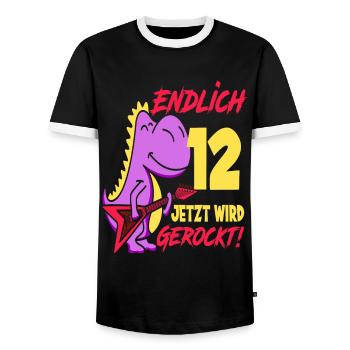 Dinosaurier 9. Geburtstag Gitarre Mädchen Geschenk - Männer Kontrast-T-Shirt - Schwarz/Weiß - Vorne - AI Model Female 172 light (172cm) & AI Model Male 178 light (178cm)