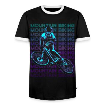 Mountain Biking MTB Biker Mountain Bike Retro - Men's Ringer Shirt - black/white - Front - AI Model Female 172 light (172cm) & AI Model Male 178 light (178cm)