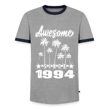 Awesome Since 1994 - Men's Ringer Shirt - grey/navy  - Front - AI Model Female 172 light (172cm) & AI Model Male 178 light (178cm)