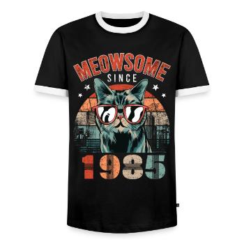 Meowsome 1985 Année de naissance 1985 Anniversaire du chat - T-shirt contrasté Homme - noir/blanc - Devant - AI Model Female 172 light (172cm) & AI Model Male 178 light (178cm)