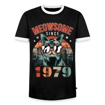 Meowsome 1979 Geburtsjahr 1979 Katze Geburtstag - Männer Kontrast-T-Shirt - Schwarz/Weiß - Vorne - AI Model Female 172 light (172cm) & AI Model Male 178 light (178cm)