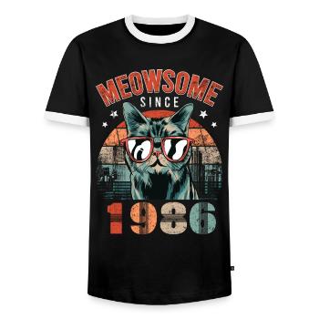 Meowsome 1986 Year of birth 1986 Cat birthday - Men's Ringer Shirt - black/white - Front - AI Model Female 172 light (172cm) & AI Model Male 178 light (178cm)