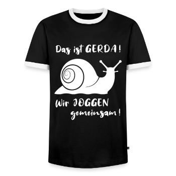 Das ist Gerda Wir joggen gemeinsam, Laufen, Rennen - Männer Kontrast-T-Shirt - Schwarz/Weiß - Vorne - AI Model Female 172 light (172cm) & AI Model Male 178 light (178cm)