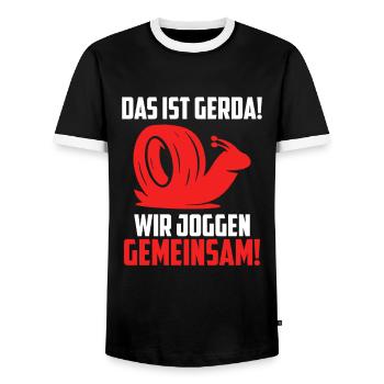 Das ist Gerda Wir joggen gemeinsam, Laufen, Rennen - Männer Kontrast-T-Shirt - Schwarz/Weiß - Vorne - AI Model Female 172 light (172cm) & AI Model Male 178 light (178cm)