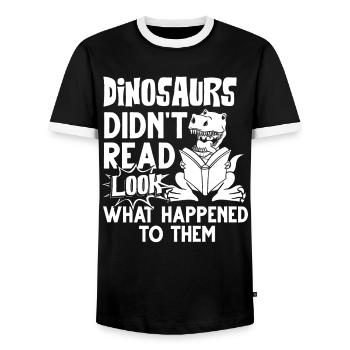 Dinosaur Book Read Dino Read Funny Readers - Men's Ringer Shirt - black/white - Front - AI Model Female 172 light (172cm) & AI Model Male 178 light (178cm)