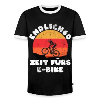 Finally 60! Time for the e-bike, bike rider - Men's Ringer Shirt - black/white - Front - AI Model Female 172 light (172cm) & AI Model Male 178 light (178cm)