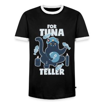 Fortune Teller Cat with Tuna: Fortunateller - Men's Ringer Shirt - black/white - Front - AI Model Female 172 light (172cm) & AI Model Male 178 light (178cm)