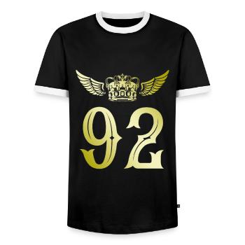 92 Number crown - Men's Ringer Shirt - black/white - Front - AI Model Female 172 light (172cm) & AI Model Male 178 light (178cm)