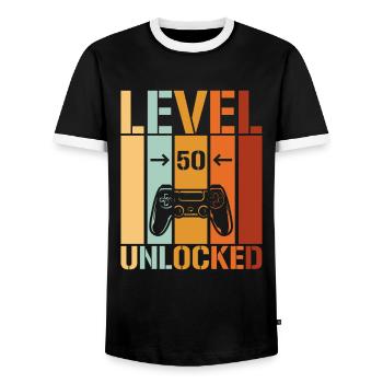 50th Birthday Level 50 unlocked - Men's Ringer Shirt - black/white - Front - AI Model Female 172 light (172cm) & AI Model Male 178 light (178cm)