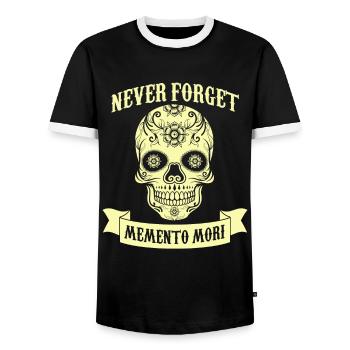 Memento Mori No Mercy Quotes Death Skull Reader - Men's Ringer Shirt - black/white - Front - AI Model Female 172 light (172cm) & AI Model Male 178 light (178cm)