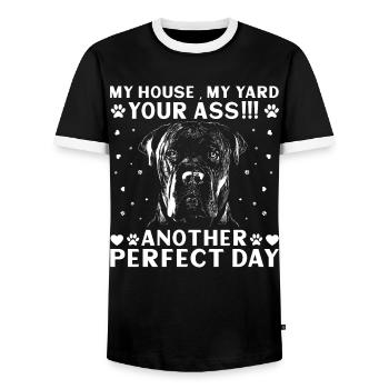 Cane Corso My House My Yard - Men's Ringer Shirt - black/white - Front - AI Model Female 172 light (172cm) & AI Model Male 178 light (178cm)