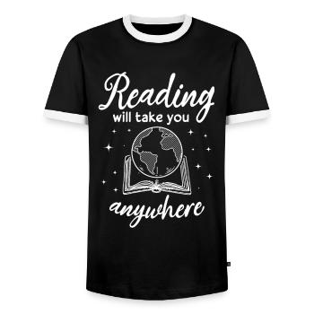 La lecture vous emmènera partout Livre d’aventure - T-shirt contrasté Homme - noir/blanc - Devant - AI Model Female 172 light (172cm) & AI Model Male 178 light (178cm)
