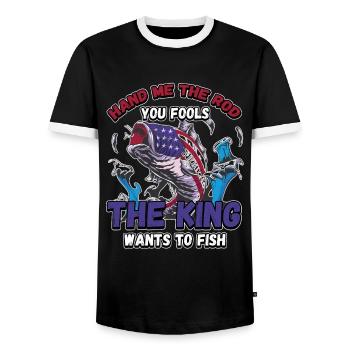 Hands Me The Rod Fools The King Will Fishing - Men's Ringer Shirt - black/white - Front - AI Model Female 172 light (172cm) & AI Model Male 178 light (178cm)