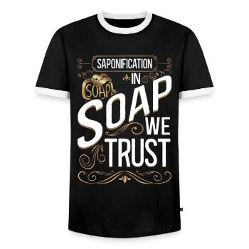 Fabrication de savon - T-shirt contrasté Homme - noir/blanc - Devant - AI Model Female 172 light (172cm) & AI Model Male 178 light (178cm)