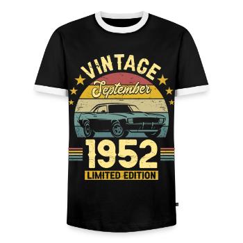 Vintage September 1952 70 years Anniversary - Men's Ringer Shirt - black/white - Front - AI Model Female 172 light (172cm) & AI Model Male 178 light (178cm)