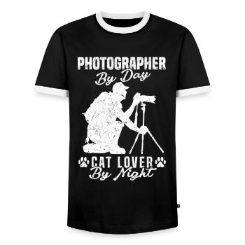 Photographer of Day Cat Lover By Night Cat Lover - Men's Ringer Shirt - black/white - Front - AI Model Female 172 light (172cm) & AI Model Male 178 light (178cm)