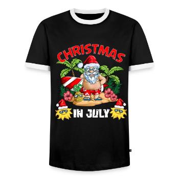X Mass Troben Island Santa Claus Holiday Outfit - Men's Ringer Shirt - black/white - Front - AI Model Female 172 light (172cm) & AI Model Male 178 light (178cm)