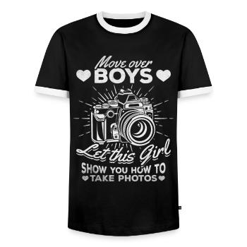 Photography Girl - Let yourself be pampered by this - Men's Ringer Shirt - black/white - Front - AI Model Female 172 light (172cm) & AI Model Male 178 light (178cm)