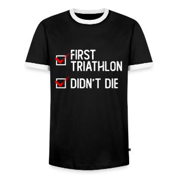 Erster Triathlon nicht gestorben - Triathlet - Männer Kontrast-T-Shirt - Schwarz/Weiß - Vorne - AI Model Female 172 light (172cm) & AI Model Male 178 light (178cm)