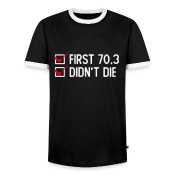 Erster 70.3 ist nicht gestorben - Halb-Triathlon - Männer Kontrast-T-Shirt - Schwarz/Weiß - Vorne - AI Model Female 172 light (172cm) & AI Model Male 178 light (178cm)