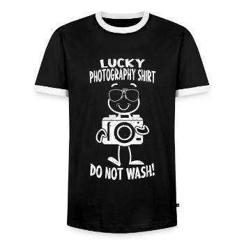 Funny Photographer Lucky Photography Shirt - Men's Ringer Shirt - black/white - Front - AI Model Female 172 light (172cm) & AI Model Male 178 light (178cm)