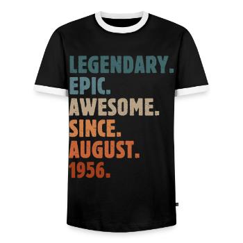 1956 August Vintage Birthday Gift - Men's Ringer Shirt - black/white - Front - AI Model Female 172 light (172cm) & AI Model Male 178 light (178cm)