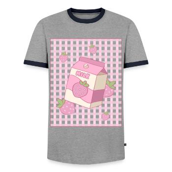 Danish Pastel Aesthetic Kawaii Strawberry Milk - Men's Ringer Shirt - grey/navy  - Front - AI Model Female 172 light (172cm) & AI Model Male 178 light (178cm)