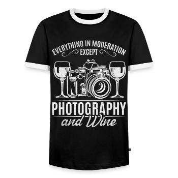 Everything in moderation except photography and wine - Men's Ringer Shirt - black/white - Front - AI Model Female 172 light (172cm) & AI Model Male 178 light (178cm)