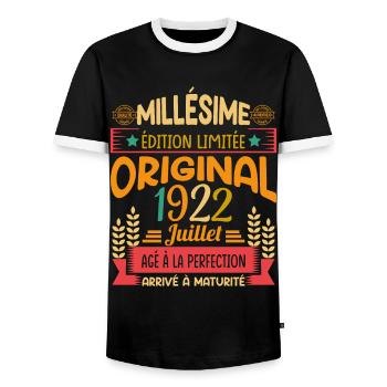 Millésime Né(e) Juillet 1922 Cadeau Anniversaire - T-shirt contrasté Homme - noir/blanc - Devant - AI Model Female 172 light (172cm) & AI Model Male 178 light (178cm)