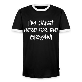 At Just Here For The Biryani - Men's Ringer Shirt - black/white - Front - AI Model Female 172 light (172cm) & AI Model Male 178 light (178cm)