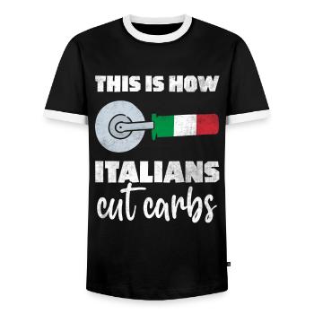 This Is How Italians Cut Carbs Fun Pizza Cutter - Männer Kontrast-T-Shirt - Schwarz/Weiß - Vorne - AI Model Female 172 light (172cm) & AI Model Male 178 light (178cm)