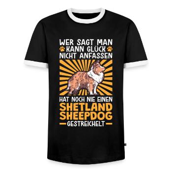 Einen Shetland Sheepdog streicheln Sheltie - Männer Kontrast-T-Shirt - Schwarz/Weiß - Vorne - AI Model Female 172 light (172cm) & AI Model Male 178 light (178cm)