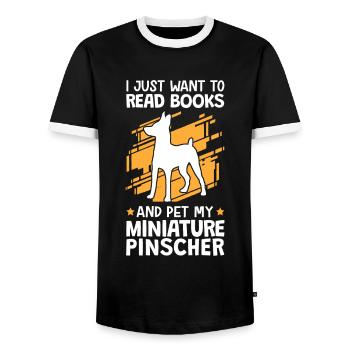 Coup de Pinscher nain et lecture de Pinscher - T-shirt contrasté Homme - noir/blanc - Devant - AI Model Female 172 light (172cm) & AI Model Male 178 light (178cm)