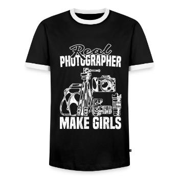 Fotografie-Liebhaber Echte Fotografen machen - Männer Kontrast-T-Shirt - Schwarz/Weiß - Vorne - AI Model Female 172 light (172cm) & AI Model Male 178 light (178cm)
