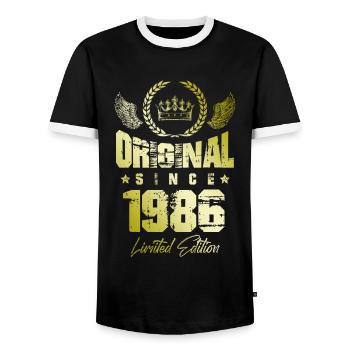 1986 limited edition - Men's Ringer Shirt - black/white - Front - AI Model Female 172 light (172cm) & AI Model Male 178 light (178cm)