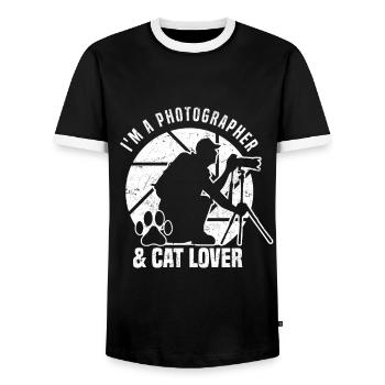 Photography I am a photographer & cat lover - Men's Ringer Shirt - black/white - Front - AI Model Female 172 light (172cm) & AI Model Male 178 light (178cm)