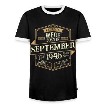 September 1946 Geburtstag Mann - Männer Kontrast-T-Shirt - Schwarz/Weiß - Vorne - AI Model Female 172 light (172cm) & AI Model Male 178 light (178cm)