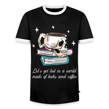 Abtauchen zwischen Bücherseiten und Kaffee - Männer Kontrast-T-Shirt - Schwarz/Weiß - Vorne - AI Model Female 172 light (172cm) & AI Model Male 178 light (178cm)