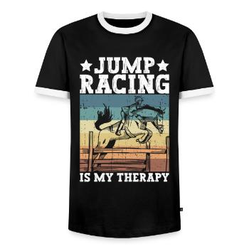 Show Jumping Horse Racing Horse Riding Riders - Men's Ringer Shirt - black/white - Front - AI Model Female 172 light (172cm) & AI Model Male 178 light (178cm)