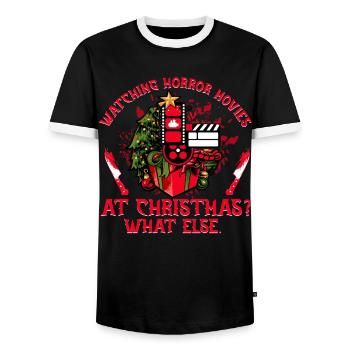 Regarder des films d’horreur à Noël Quoi d’autre - T-shirt contrasté Homme - noir/blanc - Devant - AI Model Female 172 light (172cm) & AI Model Male 178 light (178cm)