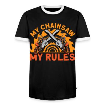 Ma tronçonneuse Mes règles - T-shirt contrasté Homme - noir/blanc - Devant - AI Model Female 172 light (172cm) & AI Model Male 178 light (178cm)
