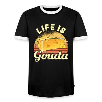 Käsefan Cheese Cheese lover Gouda Hard Cheese - Men's Ringer Shirt - black/white - Front - AI Model Female 172 light (172cm) & AI Model Male 178 light (178cm)