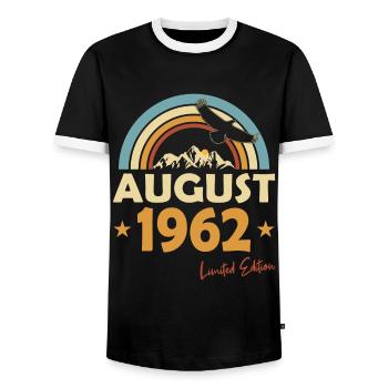 60th birthday born August 1962 - Men's Ringer Shirt - black/white - Front - AI Model Female 172 light (172cm) & AI Model Male 178 light (178cm)