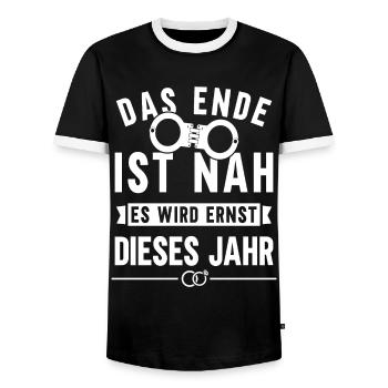 JGA 2022 Das Ende ist nah Bräutigam Geschenk - Männer Kontrast-T-Shirt - Schwarz/Weiß - Vorne - AI Model Female 172 light (172cm) & AI Model Male 178 light (178cm)